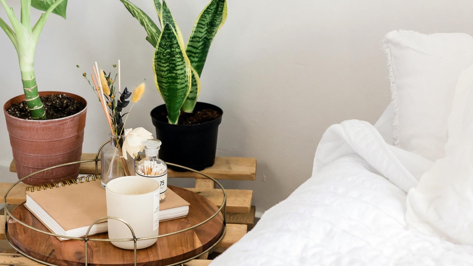 Bedside table with 2 plants, candle and notebook next to the corner of a white bed